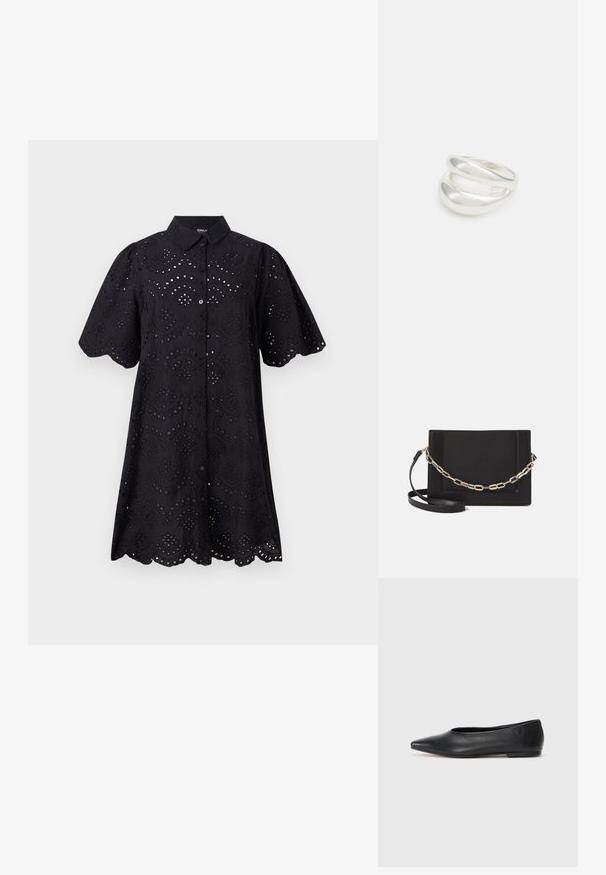 Melna īsām piedurknēm krekla kleita ar izrakstītu acs rakstu, viļņotu apakšmalu un pogu priekšpusi. Mīksta auduma ar teksturētu apdari.; Melna ādas baleta kurpe, ar norādītu purngalu, minimālisma dizains, gluda tekstūra, zema papēža augstums, bez redzamiem aksesuāriem vai rotājumiem.; Melna ādas crossbody soma ar gludu faktūru, taisnstūrveida formu un metalizētu ķēdes detaļu priekšā. Iekļauta regulējama siksna.; Sudraba divu joslu gredzens ar gludu, pulētu virsmu. Iezīmējas ar plūstošu, izliekta dizaina struktūru ar pārklājošām sekcijām modernam izskatam.