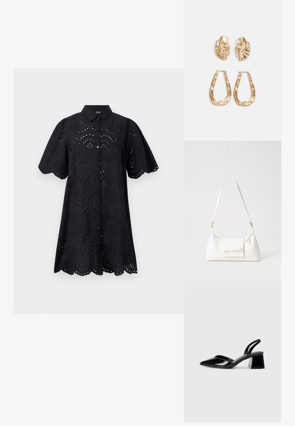 Rochie scurtă cu mânecă scurtă, de culoare neagră, cu un model brodat din perforații, tiv ondulat și închidere cu nasturi. Material moale cu un finisaj texturat.; Pantofi cu toc slingback din piele lacuită neagră, cu vârf ascuțit și toc geometric. Prezintă un design elegant, minimalist și o textură netedă.; Geantă sintetică albă, cu formă triangulară, capac frontal plat și detaliu cu fundă, curea ajustabilă, textură netedă și design minimalist.; Cercei aurii cu forme texturate și ondulate. Include studs sculpturale cu clip și un design de cerc deschis cu un finisaj cioplit.