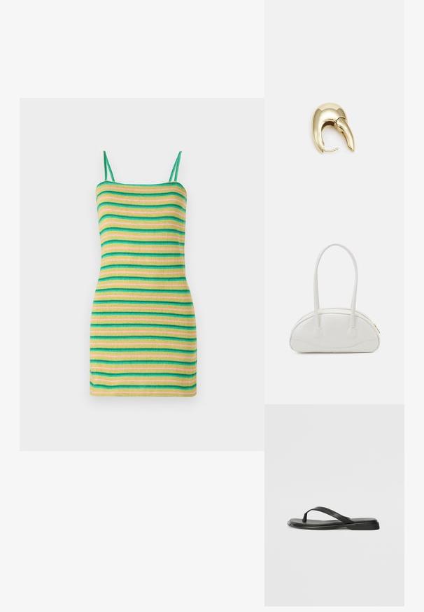 Pasiasta sukienka na cienkich ramiączkach, z poziomymi paskami w kolorze zielonym, żółtym i różowym. Wykonana z miękkiego, prążkowanego materiału o dopasowanej sylwetce.; Czarne klapki wykonane z gładkiej skóry, z cienkim paskiem i płaską podeszwą o minimalistycznym profilu. Brak widocznych wzorów lub akcentów.; Even&Odd - Torebka; Złote metalowe kolczyki o eleganckim, zakrzywionym kształcie. Posiadają charakterystyczny szpiczasty kształt, polerowaną powierzchnię oraz zapięcie na zawias.