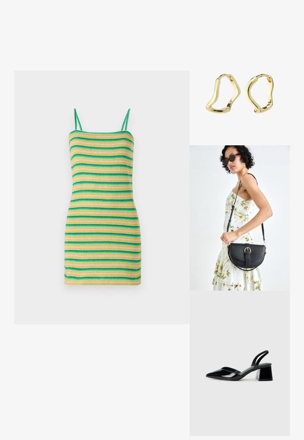 Gestreepte jurk met dunne bandjes, voorzien van groene, gele en roze horizontale strepen. Gemaakt van een zachte, geribbelde stof met een aansluitende Silhouet.; Zwarte gepatineerde leren slingback hakken met een spitse neus en een geometrische blokhak. Kenmerkt zich door een slank, minimalistisch ontwerp en een gladde textuur.; Zwarte leren handtas met een gebogen vorm, afneembare schouderband en gouden hardware. De tas heeft een klep met een gespsluiting.; Gouden creolen met een vloeiende, golvende vorm. Glad oppervlak, open ontwerp en geen zichtbare sluitingen. Minimalistische en moderne uitstraling.