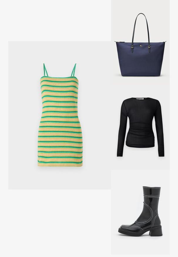 Svītrainas kleitas ar plānām siksniņām, kurām ir zaļas, dzeltenas un rozā horizontālas svītras. Izgatavota no mīksta, ribota auduma ar pieguļošu siluetu.; Melna garām piedurknēm augšdaļa, kas izgatavota no caurspīdīga, elastīga auduma. Ar piegriezuma detaļām gar sāniem un apaļu izgriezumu.; Melna lakota ādas anklets ar baltiem šuvumiem, noapaļota purngala un kvadrāta papēža. Iezīmes izliekti dizaina līnijas un gluda struktūra.; Tumši zila somiņa, izgatavota no teksturēta auduma, ar melnām ādas rokturiem un zelta krāsas aksesuāriem. Ar rāvējslēdzēja aizdari augšpusē.