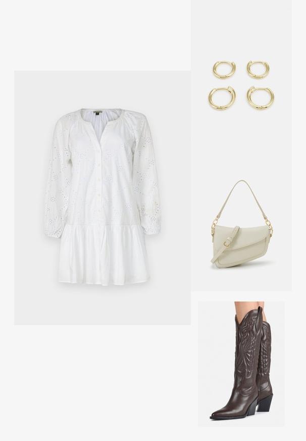 Balta kleita ar garām, pūkainām piedurknēm, pogu priekšu un plecu apakšu. Audums rotāts ar acu izšuvumu rakstiem.; Brūni ādas kovboju zābaki ar norādītu purngalu un blokveida papēdi, ar detalizētu šūšanu un paceltiem akcentiem uz kājas daļas.; Maza krēmkrāsas rokas soma ar teksturētu apdari, garu regulējamu siksniņu, ķēdes akcentu un vāciņa aizdari. Zelta aparatūras detaļas.; Zelta gredzenu auskari, četri gabali, gluda virsma, noapaļota forma, dažādu izmēru, ar eņģu aizdari ērtai valkāšanai.