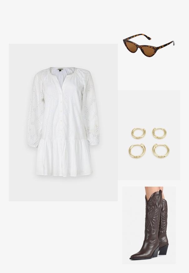 Bijela haljina s dugim, nabranim rukavima, dugmadi sprijeda i lepršavim donjim dijelom. Sadrži uzorke vezene rupicama kroz cijelu tkaninu.; Smeđe kožne kauboj čizme s šiljastim vrhom i blok-potpeticom, s detaljno izvezenim šavovima i uzdignutim naglascima na okovu.; Sunglasses u obliku mačjih očiju s okvirom u crno-narančastom kornjačevom uzorku, smešnim lećama i elegatnim, šiljastim vrhovima. Sadrži minimalni logo na dršci.; Zlatne kružne naušnice, četiri komada, glatka završna obrada, zaobljenog dizajna, različitih veličina, s kavljem za lako stavljanje.