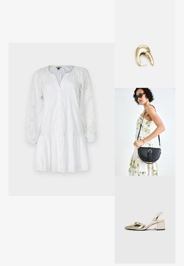 Bela obleka z dolgimi, napihnjenimi rokavi, gumbi spredaj in razširjenim robom. Vključuje vzorce očesne vezenine po vsej tkanini.; Zlati, kovinski slingback čeveljci z ostrim nosom in masivnim peto. Gladka tekstura, minimalistična zasnova in ozka zanka.; Črna usnjena torbica s ukrivljeno obliko, z odstranljivo naramnico in zlatimi dodatki. Torbica ima pokrov s podrobnostmi v obliki zaponke.; Uhane nakit iz zlatastega tona z gladko, ukrivljeno zasnovo. Ima edinstveno koničasto obliko, polirano površino in zaponko s tečajem.