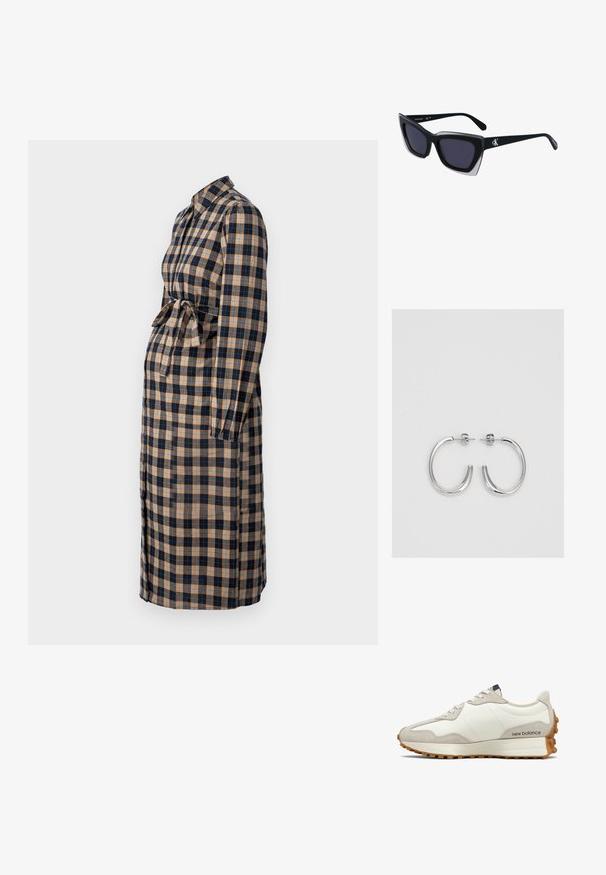 MAMALICIOUS MLOLIVE LIA SHIRT DRESS - Shirt dress - dark blue; White and beige sneaker with a smooth leather upper and suede accents. Features round laces, a cushioned sole, and a textured rubber outsole.; Black oversized sunglasses with a geometric shape, featuring dark lenses and a contrasting grey detail on the frame. Logo on the arm.; Silver hoop earrings with a smooth, shiny surface, featuring a curved shape and post-back closure. Minimalist design with a modern finish.