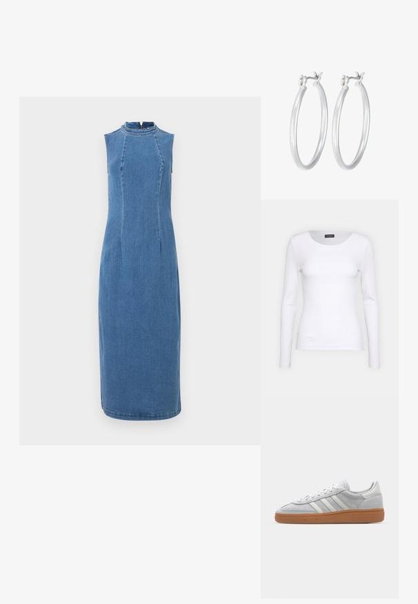 Vestido de mezclilla sin mangas con cuello alto, ajuste ceñido y dobladillo a la altura de la rodilla. Presenta una cremallera oculta en la parte posterior. Color azul claro.; Top de manga larga blanco con cuello redondo. Fabricado en una tela elástica que se ajusta al cuerpo. Presenta sutiles líneas horizontales.; Zapatillas de ante gris claro con acentos de cuero blanco, tres franjas blancas y una suela de goma marrón, que cuentan con un cuello acolchado para mayor comodidad.; Pendientes de aro de plata con un acabado liso y pulido. Forma redonda y cierre de click seguro. Diseño ligero adecuado para el uso diario.