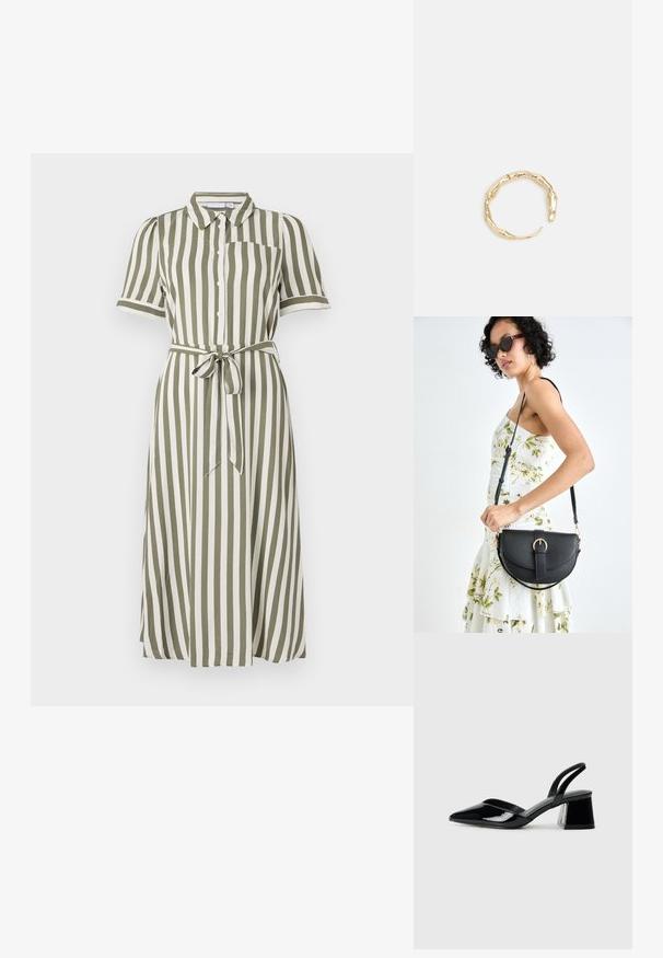 Grün-weiß gestreiftes Midi-Kleid mit kurzen Ärmeln, Knopfverschluss vorne und gebundenem Taillenband. Verfügt über einen Kragen und eine Brusttasche.; Schwarze Lackleder-Slingback-High Heels mit spitzem Schuh und einem geometrischen Blockabsatz. Verfügt über ein schlankes, minimalistisches Design und eine glatte Textur.; Schwarze Lederhandtasche mit geschwungener Form, abnehmbarem Tragegurt und goldenen Beschlägen. Die Tasche verfügt über einen Deckel mit einer Schnallen-Details.; Goldfarbener Ring mit einem organischen, gedrehten Design, glatter Oberfläche und sich verjüngenden Enden, was ein modernes, skulpturales Erscheinungsbild erzeugt.