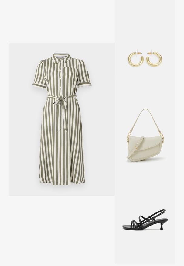 Grün-weiß gestreiftes Midi-Kleid mit kurzen Ärmeln, Knopfverschluss vorne und gebundenem Taillenband. Verfügt über einen Kragen und eine Brusttasche.; Schwarze High Heels Sandalen mit mehreren überkreuzten Riemen. Glattes Material, spitze Zehenpartie und schmaler Absatz. Verstellbarer Knöchelriemen mit Schnalle.; Kleine cremefarbene Handtasche mit strukturiertem Finish, einem langen verstellbaren Tragegurt, einem Kettenakzent und einem Klappenverschluss. Goldene Hardware-Details.; Goldene Creolen mit einer glatten, glänzenden Oberfläche. Zirkuläres Design mit einem kleinen Stecker und einer klaren Rückseite für einen sicheren Sitz.