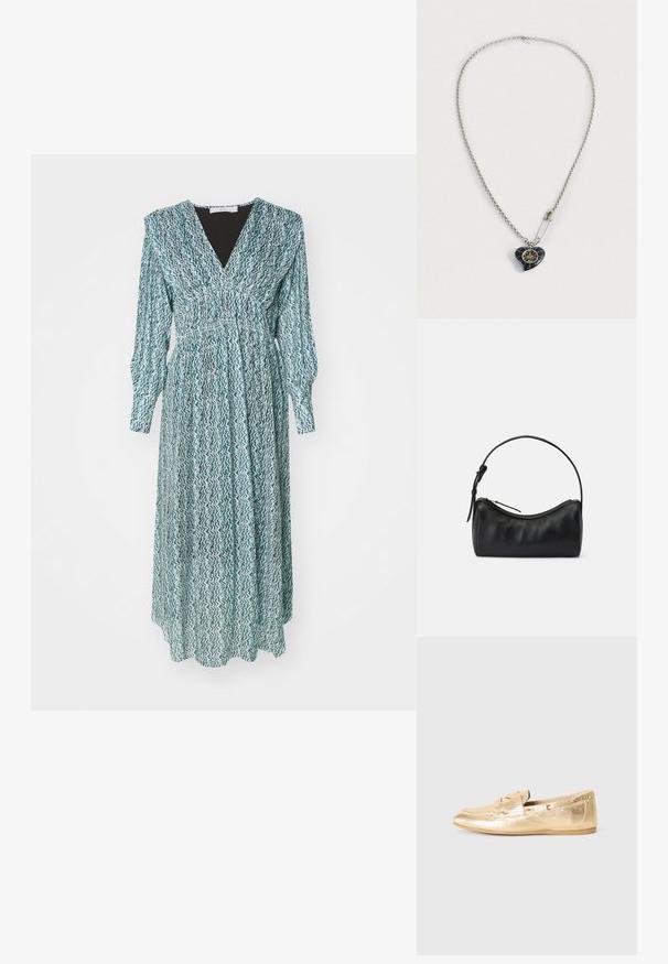 Pitkä, turkoosi mekko, jossa on sahalaitakuosi, V-mallinen kaula-aukko, rypytetty vyötärö ja pitkät puffihihat. Valmistettu kevyestä kankaasta, joka tarjoaa virtaavan siluetin.; Kultainen metallinhohtoinen nahkakenkä venelookilla, pyöreällä kärjellä, koristeellisilla nauhoilla ja pienillä silmukoilla sivuilla. Litteä kumipohja.; Musta nahkainen olkalaukku, jossa on kaareva muotoilu, vetoketjusulku ja ohut hihna. Siinä on sileä pinta ja hienovaraiset ompeluyksityiskohdat.; Harmaa ketjukaulakoru, jossa on sydämenmuotoinen musta riipus, jossa kullatut yksityiskohdat, ja kiiltävä hakaneula kiinnitettynä lähelle riipusta.