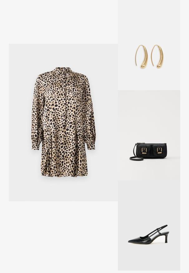 Leoaprintklänning i slätt tyg, med knappslå framtill, långa ärmar och en plisserad kjol med klassisk krage.; Svart lackskin slingback-häl med spetsig tå, med texturerad ormskinnsprint, justerbar rem och en kort, texturerad blockklack.; Svart läderaxelväska med två framfickor, guldspännen, dragkedjestängning och en smal rem. Texturerad yta och kompakt rektangulär form.; Guldtonade metallörhängen i en kurvad, avlång form. Har en slät, glänsande yta och en rundad spets för en extra detalj.