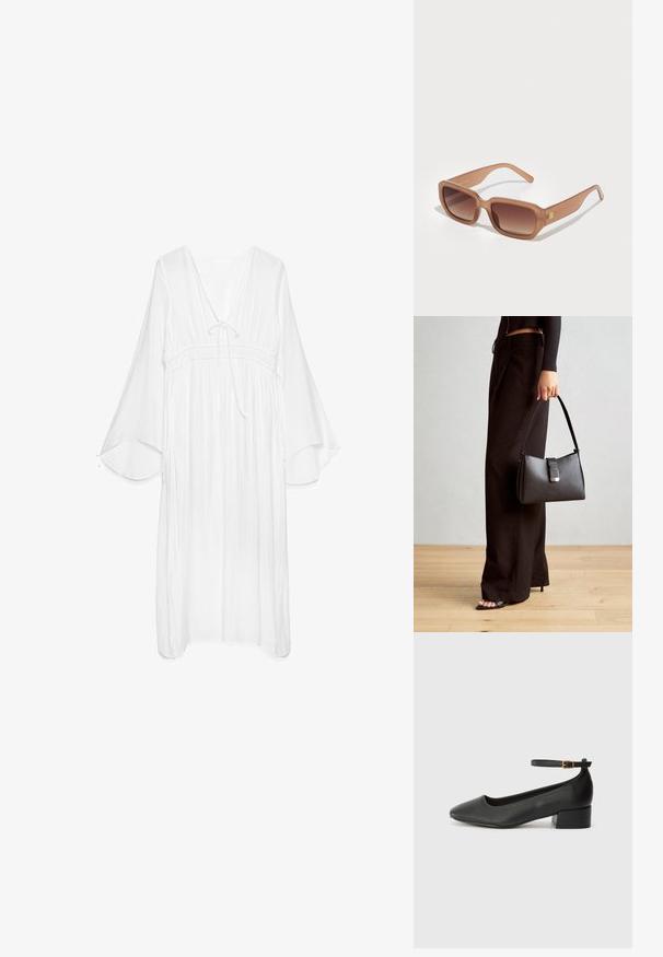 Bela lahka obleka z V-izrezom, nabranim pasom in prijetnimi zvonastimi rokavi. Teksturovana tkanina z detajlom za vezanje pri vratu.; Črne usnjene pumpice z nazobčanimi prsti in nizko blokasto peto. Imajo trak okoli gležnja z zaponko v zlatem tonu. Gladka tekstura.; Rjavi pravokotni sončna očala z gradientnimi lečami, debelimi okvirji in detajlom logotipa na strani. Gladek plastičen material, minimalističen dizajn.; Črna torbica z strukturirano obliko, gladko teksturo in kovinskim zaponko. Ujemajo se z širokimi črnimi hlačami in odprtimi sandali na lesenem tleh.