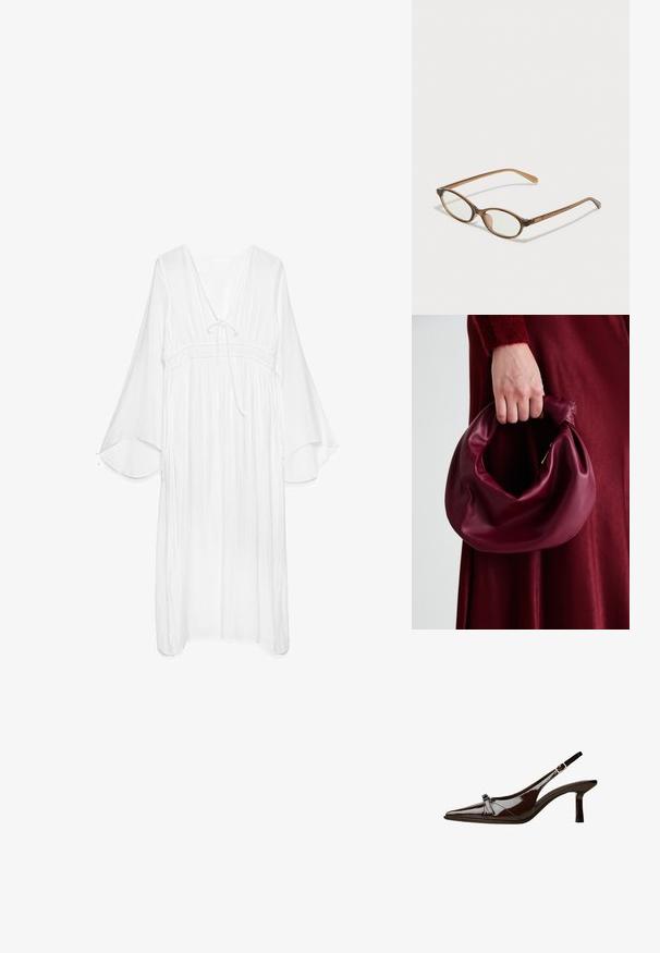 Witte, lichte jurk met een V-hals, geplooide taille en vloeiende bell mouwen. Textuurstof met een strikdetail bij de hals.; Bruine gepatineerde leren slingback schoen met een spitse neus, lage hak en een decoratieve strikaccent aan de voorkant. Glad, glanzend oppervlak.; Bruine schildpadbril met ovale lenzen, dunne armen en transparante accenten. Heeft een subtiele logo op de tempel. Strak, lichtgewicht ontwerp.; Bordeaux leren handtas met een zacht, gegathered ontwerp en een ronde vorm. De handgreep is stevig bevestigd en toont een gladde textuur.