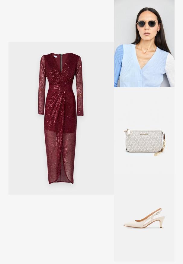 Vinska obleka s sequinom z dolgimi rokavi, V-izrezom, sprednjim zadrgo in drapirano, prosojno krilo. Ima tesno prilegajočo silhueto.; Bela slingback peta z ostrim nosom, gladka zgornja prevleka, nizka blok peta in zasnova z stranskimi izrezi ter nastavljivim trakom z zaponko.; Okrogle sončna očala s temnimi lečami in zlatimi okvirji. Model nosi svetlo modro, rebrasto jakno s gumbi in belimi rokavi v kontrastni barvi.; Michael Kors denarnica v bež lakiranem platnu z mišičnim vzorcem ponavljajočega se logotipa MK, z zlatim okovjem in snemljivo verižico.