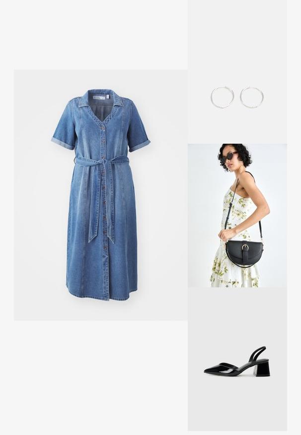 Traper haljina s kratkim, zavijenim rukavima, prednjim dugmadima i remenom na pojasu. Ima ovratnik i svijetloplavu boju.; Crne lakirane kožne sandale s otvorenom petom i špicastim vrhom, s geometrijskom blok petom. Imaju elegantan, minimalistički dizajn i glatku teksturu.; Crna kožna torba s lukovitim oblikom, odvojivim remenom i zlatnim detaljima. Torba ima preklop s kopčom.; Srebrne okrugle naušnice jednostavnog dizajna, s glatkom površinom i bez vidljivih ukrasa. Promjer nije specificiran.