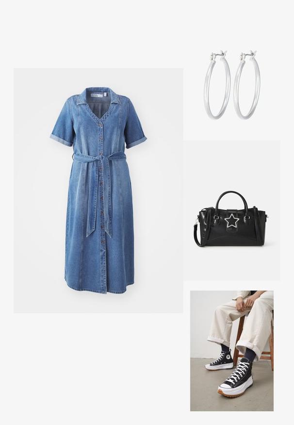 Denimkjole med korte, oprullede ærmer, knaplukning foran og en bundet taljebælte. Har en krave og en lys blå farve.; Høje sorte sneakers med hvide snørebånd og gummitå. Tykk hvid sål med en tekstureret brun ydersål, båret med marineblå stribede sokker.; Sort håndtaske lavet af syntetisk læder med en stjernesformet sølvaccent, dobbelte håndtag og en justerbar skulderrem.; Sølv hoop øreringe med en glat, poleret overflade. Rund form og sikker klik-lukning. Letvægtsdesign, der er velegnet til hverdagsbrug.