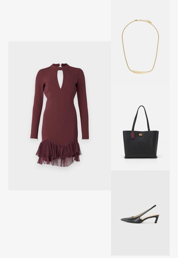 Bordo haljina dugih rukava s izrezom u obliku ključa, prilagođenog korpusa i slojevitom volanu na rubu, izrađena od teksturirane, prozirne tkanine.; Crne cipele s izduženim vrhom i remenom oko pete, s niskom petom, izrađene od glatke kože i s izrezbarenom stranom radi prozračnosti.; Crna kožna torba sa dugim ručkama, teksturiranim završetkom, zlatnim detaljima i bordo oznakom. Prostran dizajn s otvorenim vrhom.; Ogrlica s pozlatom s glatkim, zakrivljenim središnjim naglaskom. Ima fleksibilnu kariku sa kopčom na mačju i dodatne podesive karike.