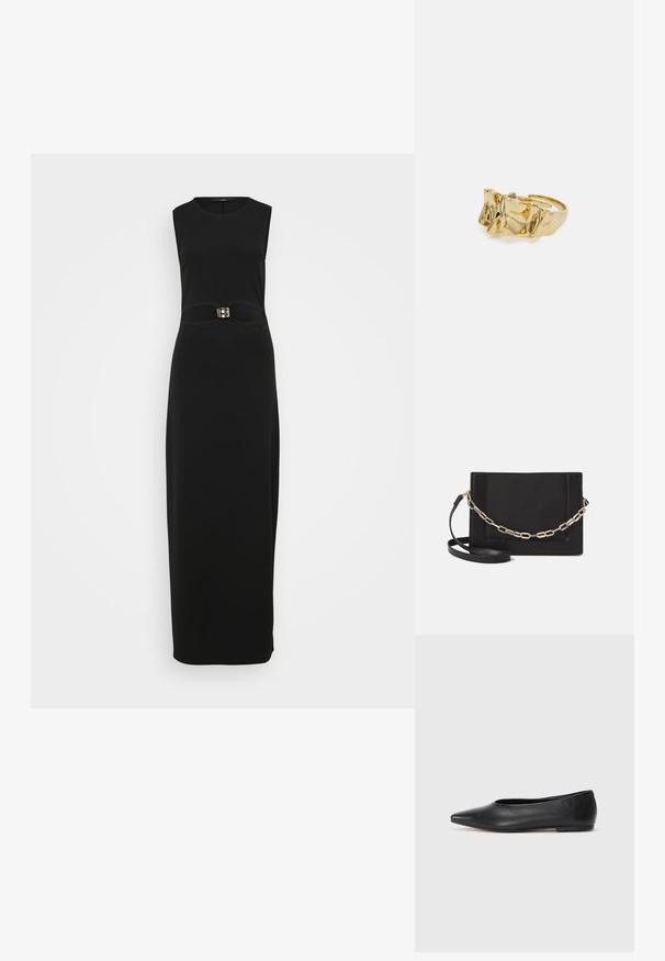 Črna brezrokavna maksi obleka z opredeljenim silhuetom, gladko teksturo in značilnim zaponko na pasu.; Črne usnjene balerinke, koničast toe, minimalističen dizajn, gladka tekstura, nizka peta, brez vidnih kovinskih delov ali okraskov.; Črna usnjena torba čez ramo z gladko teksturo, pravokotno obliko in kovinskim verižnim detajlom spredaj. Vključena je nastavljiva naramnica.; Zlati prstan z teksturiranim, valovitim dizajnom, ki ima tri izrazite vrhove. Gladka, sijoča površina z odprtim pasom za prilagodljivo prileganje.