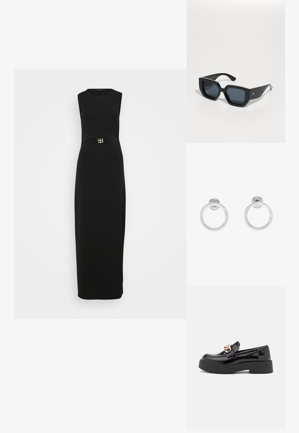 Melnas bezpiedurkņu maxi kleitas, kas izceļas ar pieguļošu siluetu, gludu tekstūru un izteiksmīgu sprādzi akcentā uz jostas.; Melni lakoti mokasīni ar masīvu melnu zoli un zelta aksesuāriem. Gluda tekstūra un noapaļota purngala dizains.; Melnas lielas saulesbrilles ar ģeometrisku dizainu, taisnstūrveida lēcas un spīdīgu apdari. Uz priekša nav redzama zīmola.; Sudraba metāla gredzenveida auskari ar matētu faktūru, ar apaļu dizainu un caurspīdīgu aizdari, lai nodrošinātu drošu valkāšanu.
