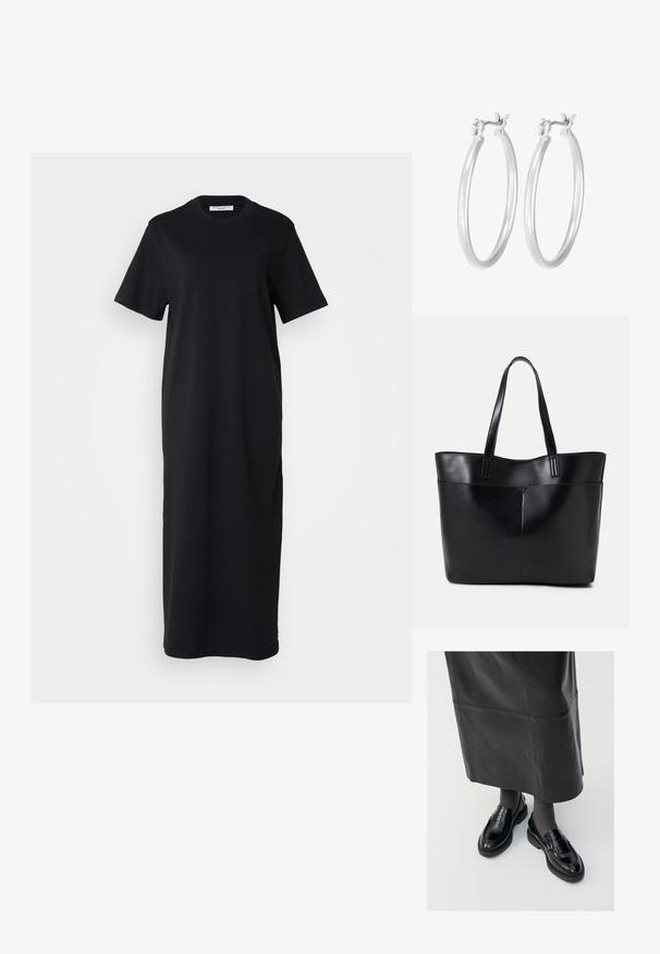 Musta puuvillainen t-paitamekko, jossa on lyhyet hihat, pyöreä kaula-aukko ja väljä istuvuus, ulottuen polven keskikohdalle. Sujuva pinta, ei näkyviä kuvioita.; Musta nahka loaferit sileällä pinnalla, jossa on koristeellinen hihna, pyöreä kärki ja teksturoitu pohja. Yhdistetty pitkän mustan nahkahameen kanssa.; Musta nahkainen kassi, jossa on kaksi pitkää kahvaa, sileä pinta ja jämäkkä muoto. Sisältää etutaskun lisävarastointia varten.; Hope-silver rengas, joissa on sileä ja kiillotettu pinta. Pyöreä muoto ja turvallinen napsautettava lukitus. Kevyt muotoilu sopii päivittäiseen käyttöön.