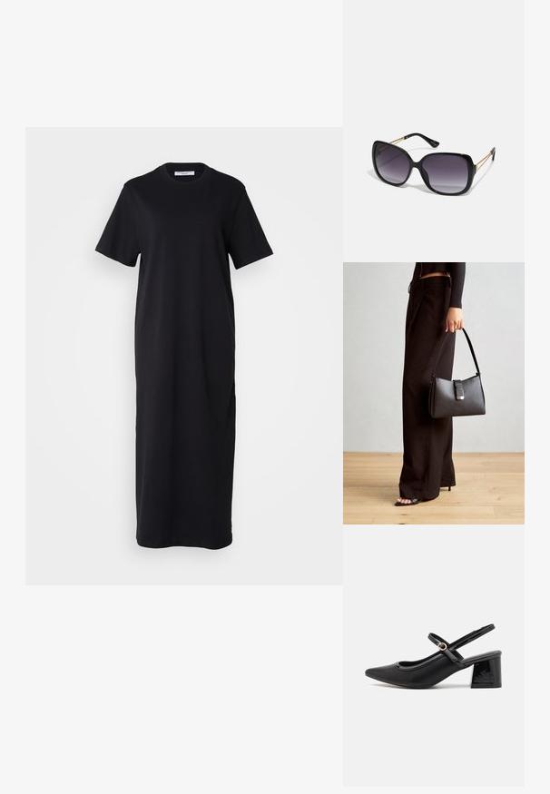 Fekete pamut pólóruha rövid ujjal, kerek nyakkivágással és laza fazonnal, amely a térd közepéig ér. Simább textúra, nincs látható minta.; Fekete lakk bőr, pántos magassarkú cipő, hegyes orral, lekerekített kivágással és tömbsarkal. Arany színű csat díszíti.; Fekete, oversize napszemüveg fokozatos árnyalatú lencsékkel, vastag kerettel és arany színű lánc díszítéssel a szárakon.; Fekete kézi táska strukturált formával, sima textúrával és fémből készült záródással. Széles fekete nadrággal és nyitott orrú szandállal párosítva, fából készült padlón.