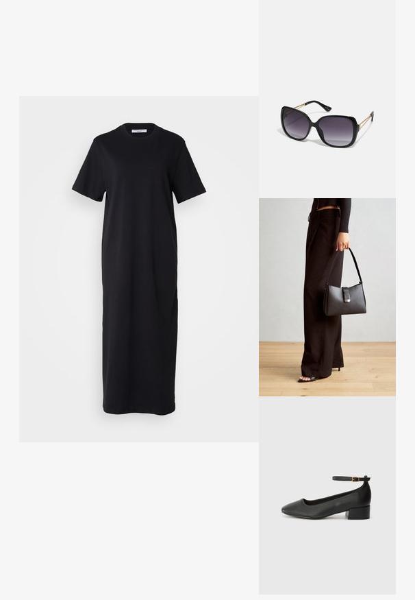 Čierna bavlnená tričková sukňa s krátkymi rukávmi, okrúhlym výstrihom a voľným strihom, siahajúca po strednú dĺžku lýtok. Hladká textúra, bez viditeľných vzorov.; Čierne kožené lodičky s špicatou špičkou a nízkym blokovým podpätkom. Obsahuje remienok okolo členka so zlatým prackou. Hladký povrch.; Čierne oversized slnečné okuliare s gradientovými sklíčkami, hrubými rámami a zlatým retiazkovým detailom na stranách.; Čierna kabelka so štruktúrovaným tvarom, hladkou textúrou a kovovou sponou. V kombinácii so širokými čiernymi nohavicami a sandálmi s otvorenou špičkou na drevenej podlahe.