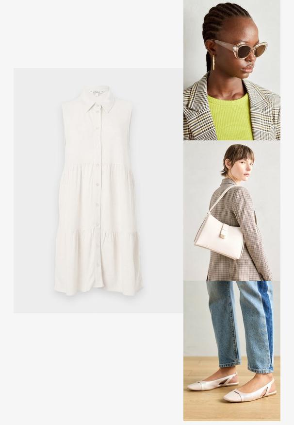 Rochie fără mâneci, cu nasturi, din in bej deschis, având guler și o fustă stratificată pentru un fit lejer. Materialul texturat adaugă detalii subtile.; Sandalete plate de un roz pal cu vârf ascuțit, realizate dintr-un material asemănător pielii, neted. Prezintă detalii decupate pe laterale și un toc plat.; Ochelari de soare stil cat-eye, cu lentile maro și rame transparente. Model purtând un top verde cu textură ribbed și un sacou în carouri. Cercei rotunzi din aur.; Geantă de mână din piele albă cu un design structurat, având o închidere magnetică și un breteau, expusă pe un fundal neutru.