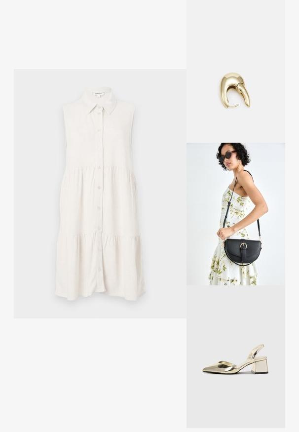 Ujjatlan, gombos ruha világos bézs vászonból, amelynek gallérja és réteges szoknyája van a laza illeszkedés érdekében. A texturált anyag finom részleteket ad.; Arany, fémből készült slingback sarkú cipők hegyes orral és vastag sarokkal. Simaság, minimalista design és keskeny pánt jellemzi.; Fekete bőrtáska ívelt formával, levehető pánttal és arany színű fémrészekkel. A táskán egy csattal díszített fedél található.; Aranyszínű fém fülbevaló, elegáns, ívelt formával. Különleges hegyes alak, fényes felszín és zsanéros záródás jellemzi.