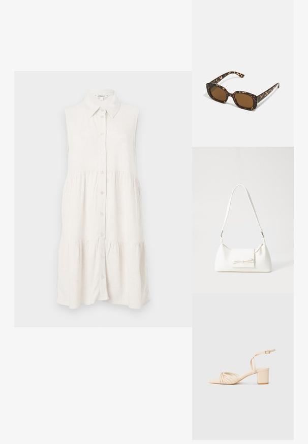Haljinica bez rukava, s kopčanjem sprijeda, izrađena od svijetlo bež lana, s ovratnikom i slojevitom suknjom za opušteni fit. Teksturirana tkanina dodaje suptilne detalje.; Bež sandale s potpeticom na remenčiće, kvadratnom nosu, uvijenim dizajnom sprijeda, naramenicom oko zapešća i blok potpeticom. Glatka tekstura, minimalistički stil.; Tortoiseshell naočale s okvirima u obliku kruga i debelom konstrukcijom, te smešnim lećama. Imaju suptilne uzorke i ravne, sužene nogice.; Bijela sintetička torbica s trokutastim oblikom, ravnim prednjim poklopcem i detaljem u obliku mašne, podesivom remenom, glatkom teksturom i minimalističkim dizajnom.