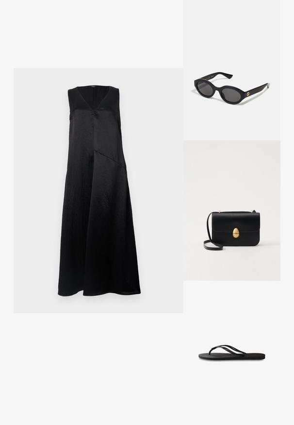 Black sleeveless dress with a V-neck, made of smooth fabric, featuring a relaxed fit and an asymmetrical hem design. Subtle sheen evident.; Black flip-flop featuring a textured rubber sole, two slender straps, and a subtle, embossed logo detail on the strap.; Black oval sunglasses with dark lenses and glossy plastic frame. Features gold logo on the temple, offering a sleek and modern design.; Black leather handbag with a structured rectangular shape. Features a golden oval clasp and a thin shoulder strap. Smooth texture.