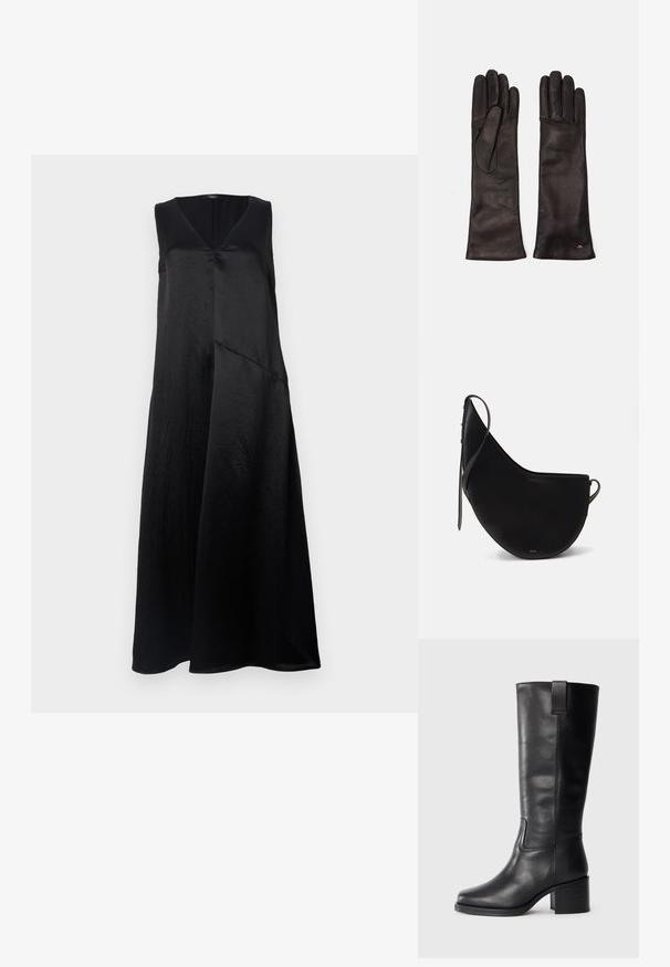 Musta hihaton mekko V-pääntiöllä, valmistettu sileästä kankaasta, joka on löysän mallinen ja jossa on epäsymmetriallinen helman muotoilu. Hieman kiiltävä pinta on havaittavissa.; Mustat nahkasaappaat, jotka ulottuvat polveen, sileällä pinnalla, neliön muotoisella varvalla, tukkipohjalla ja sivussa olevalla vetoketjulla, joissa on vain minimaalista ompelua.; Musta nahkainen käsilaukku, joka on kaarevan kuun muotoinen, jossa on ohut hihna ja hienovarainen kultabrändäys edessä. Suora pinta, jossa on minimaalista metalliosuutta.; WEEKEND MaxMara SENAPE - Sormikkaat - nero