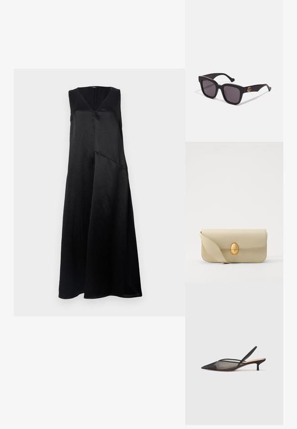 Black sleeveless dress with a V-neck, made of smooth fabric, featuring a relaxed fit and an asymmetrical hem design. Subtle sheen evident.; NEOUS IRENA - Classic heels - black; Black square sunglasses with dark lenses, featuring gold logo accents on the temples and a matte finish. Angular design for a bold look.; Beige leather handbag with a smooth texture, rectangular shape, and a golden oval clasp. Features a long, adjustable strap.