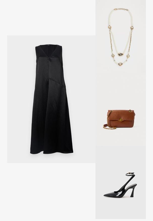 Black sleeveless dress with a V-neck, made of smooth fabric, featuring a relaxed fit and an asymmetrical hem design. Subtle sheen evident.; Black patent leather slingback high heels with a pointed toe, adjustable ankle strap, and a moderate block heel. Smooth texture with glossy finish.; Brown leather crossbody bag with a flap closure, gold hardware, and a chain strap. Smooth texture, rectangular shape, minimal detailing.; Pearl necklace featuring gold accents with three gem-encrusted settings and a braided chain section. Color palette includes white and gold.