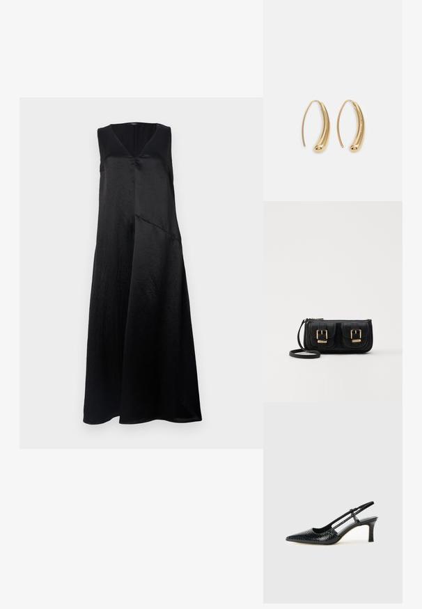 Schwarzes ärmelloses Kleid mit V-Ausschnitt, aus glattem Stoff gefertigt, bietet eine legere Passform und ein asymmetrisches Saaldetail. Dezenter Glanz sichtbar.; Schwarze Lack-Slingback-Pumps mit spitzem Zehenbereich, versehen mit strukturiertem Schlangenprint, verstellbarem Riemen und einem kurzen, strukturierten Blockabsatz.; Schwarze Leder-Umhängetasche mit zwei vorderen Taschen, goldenen Schnallen, Reißverschluss und einem schmalen Tragegurt. Texturierte Oberfläche und kompakte rechteckige Form.; Goldfarbene Metall-Hoops mit einer geschwungenen, länglichen Form. Sie verfügen über eine glatte, glänzende Oberfläche und eine abgerundete Spitze für zusätzliche Details.