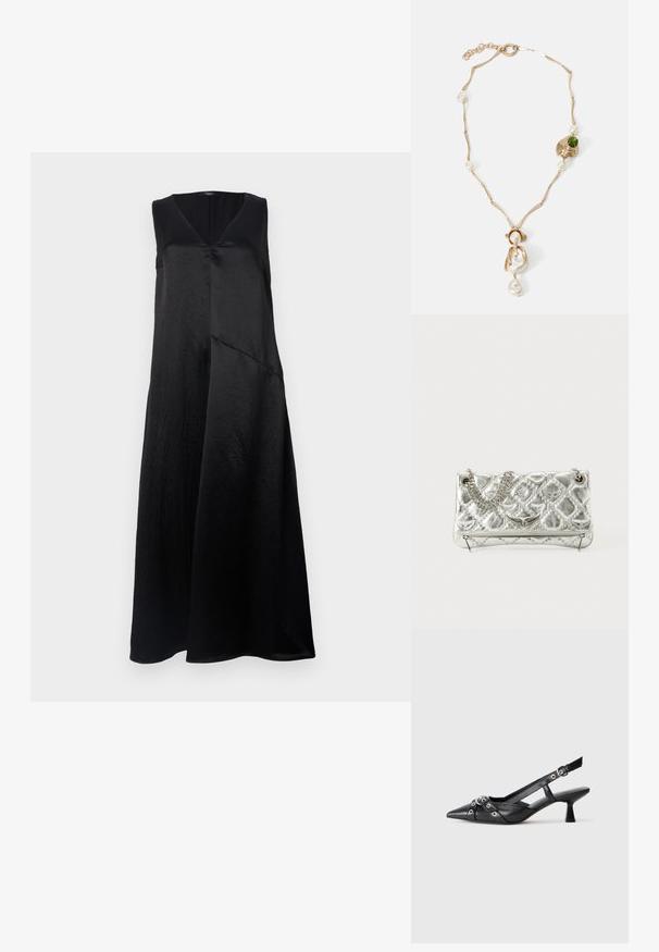 Black sleeveless dress with a V-neck, made of smooth fabric, featuring a relaxed fit and an asymmetrical hem design. Subtle sheen evident.; Black leather slingback shoe with a pointed toe, decorative straps featuring metal eyelets, and a low block heel. Textured surface.; Silver metallic handbag with chain handle, quilted texture, decorative stitching, and a zip closure. Features embossed accents on the front.; Gold-tone necklace with twisted links, white pearls, and a green stone accent. Features intricate details and a clasp for fastening.