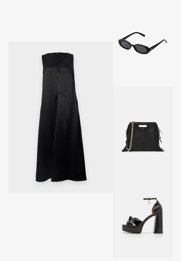 Sort ærmeløs kjole med V-hals, lavet af glat stof, med en afslappet pasform og et asymmetrisk sømdesign. Subtil glans kan ses.; Maje Højhælede sandaletter / Højhælede sandaler - noir; Store store; Sort læder skuldertaske med frynse-detaljer, guldkæde skulderrem og udskåret håndtag. Har logo placeret på forsiden.