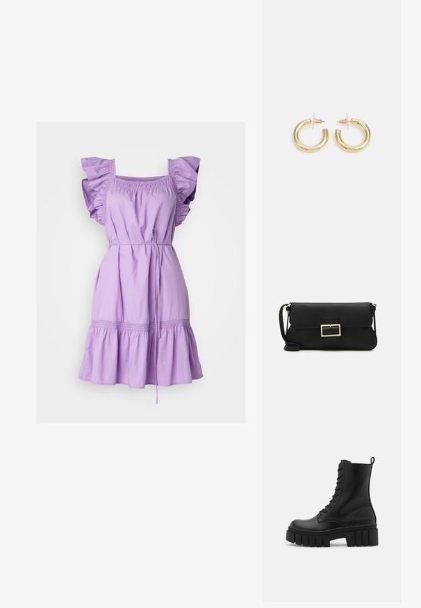 Gap Tall FLUTTER SLEEVE DRESS - Dnevna obleka - lilac surge; Črne usnjene gležnjarje z debelim, rebrastim podplatom, vezanjem na sprednji strani in zanka za vlečenje na gladki beli podlagi.; Črna usnjena torbica na preklop z zlato kovinsko zaponko. Vključuje črn trak in eleganten, minimalističen dizajn.; Zlate uhane v obliki obročkov z gladko, sijočo površino. Krožna zasnova s majhnim nosilcem in prozornim podplatom za varno nošenje.
