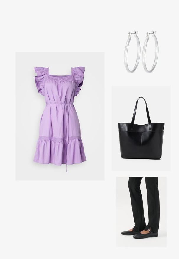 Gap Tall FLUTTER SLEEVE DRESS - Denné šaty - lilac surge; Čierne kožené baletky s špicatou špičkou, remienkom so striebornou prackou, skombinované s čiernymi strihovými nohavicami so rozparkom na leme.; Čierna kožená tote taška s dvoma dlhými rúčkami, hladkým povrchom a štruktúrovaným tvarom. Obsahuje prednú kapsu pre dodatočné uskladnenie.; Strieborné kruhové náušnice s hladkým, lesklým povrchom. Kolový tvar a bezpečné klikanie na uzatváranie. Ľahký dizajn vhodný na každodenné nosenie.