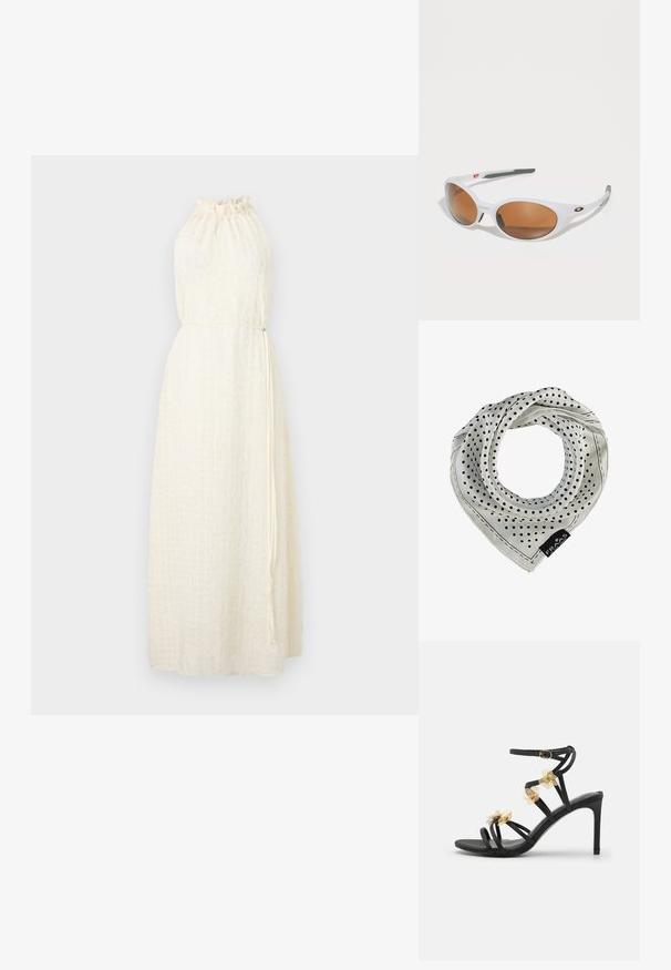 Hofmann Copenhagen MARISOL - Vapaa-ajan mekko - creme; Mustat hihnalliset korkokengät, joissa on herkät kultaiset kukkaelementit ja sileä pinta; sisältää solki sulkemisen nilkkahihnassa.; Valkoiset aurinkolasit ruskeilla linsseillä, soikea muoto, valmistettu sileästä muovista, jossa on harmaita yksityiskohtia varsissa ja logo kehysosassa.; Pilkkusatiinihuivi valkoisena, jossa on pieniä mustia pisteitä ja ommeltu reuna. Mukana on bränditagi alakulmassa.