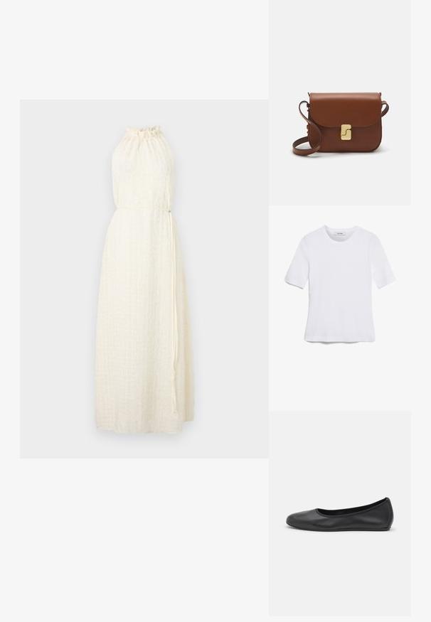 Hofmann Copenhagen MARISOL - Vestido de dia - creme; T-shirt de manga curta branca feita de tecido canelado. Decote redondo, ajuste regular e detalhes de costura subtis. Sem padrões ou gráficos.; Bailarina preta em pele com bico arredondado, textura suave, detalhe de costura minimalista e design de sola flexível.; Bolsa de couro castanho com fecho de aba, decoração em tom dourado, alça de ombro e textura suave. Formato retangular compacto.