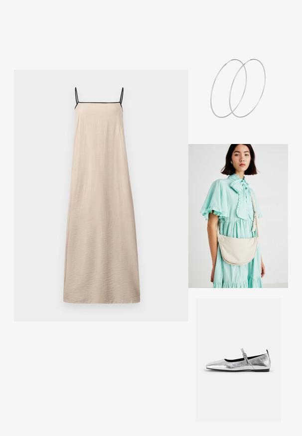 Bež obleka brez rokavov z gladko teksturo, kvadratnim izrezom in tankimi črnimi naramnicami, zasnovana v sproščenem silhueti.; Srebrni metalik baletni čevelj z obliko konic, zankasta trak z nastavljivim sponko, teksturirana površina in minimalistični črni podplat.; Krema barve torbica s ukrivljeno obliko, mehko teksturo in nastavljivim ročajem, nosi se over svetlo mentolno zeleno obleko z naborki.; Srebrne uhane v obliki obroča z minimalističnim dizajnom. Krožna oblika, gladka tekstura in tanek profil. Lahki s poliranim zaključkom.