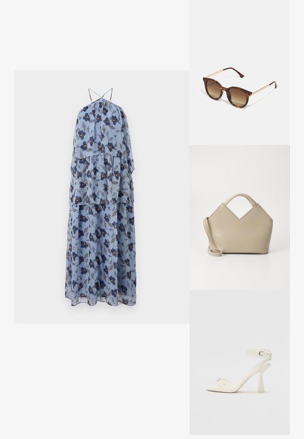 Bešvarkis, daugiasluoksnis suknelė iš šviesiai mėlynos medžiagos su jūrų ir rudos spalvos gėlių ornamentais. Pavyzdys su plonomis petnešėlėmis ir laisvu siluetu.; Baltos odinės aukštakulnės sandalai su dirželiais, elegantiško dizaino, skaidriu blokiniu kulnu ir dekoratyviu elementu ant piršto.; Kepurinės akys su gradientiniais rudais lęšiais, apvalios formos, ir auksinės spalvos metaliniais akcentais ant šventinių.; Šviesiai ruda struktūruota rankinė su V formos viršumi, lygaus odos paviršiaus, trumpomis rankenomis ir ilgu reguliuojamu dirželiu. Minimalistinis dizainas.