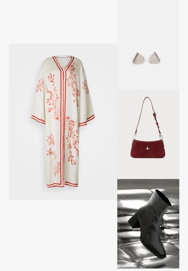 Malina NAYA wielokolorowy; Czarne botki za kostkę wykonane z błyszczącego materiału, z kwadratowym noskiem i zwężającym się obcasem, na tle błyszczącego srebrnego tapicerowanego tła.; Czerwona zamszowa torba na ramię o wyprofilowanym kształcie. Posiada srebrny akcent oraz regulowany pasek z detalami ze stali. Gładka tekstura.; Srebrne metalowe kolczyki o gładkim, kroplowym kształcie i wypolerowanym wykończeniu. Delikatne grawerunki dodają szczegółów. Minimalistyczny design.