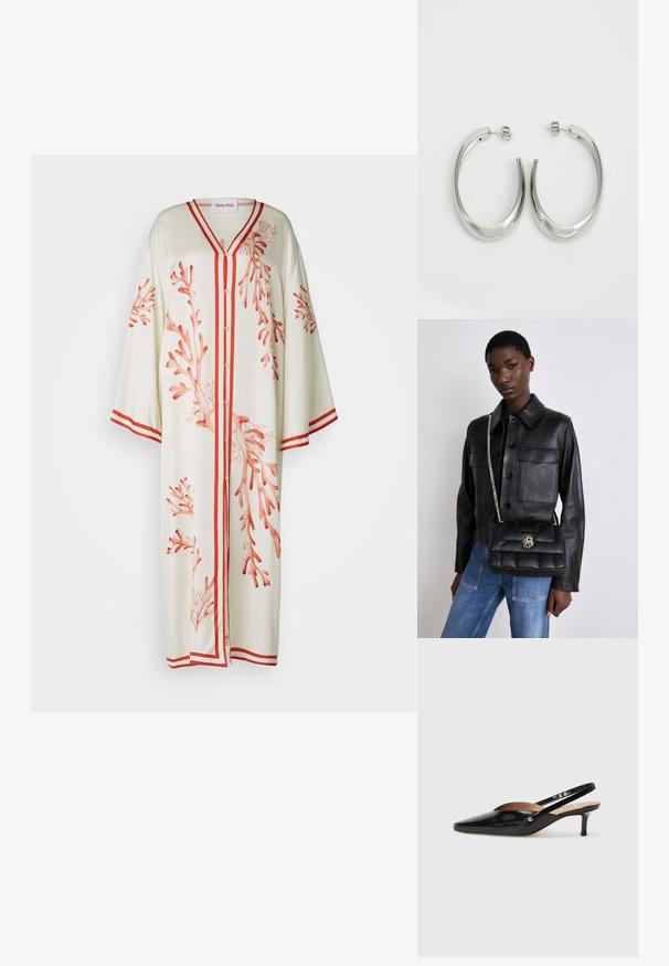 Malina NAYA PRINTED KAFTAN - Vapaa-ajan mekko - red; Musta patenttikiiltoinen slingback-korkokenkä, jossa on teräväkärkinen muoto, pieni korko ja leikkauksella varustettu suunnittelu vampaassa. Kultasävyinen metallivanhus sivulla.; Mustat nahkatakki, jossa on napitus ja kaksi etutaskua, yhdistetty mustaan tikattuun käsilaukkuun, jossa on kultainen lukko ja ketjuolkaimet.; Hope hopeista, joissa on sileä, kaareva muotoilu. Varustettu kiiltävällä metallipinnoitteella ja nappikiinnityksellä. Ei näkyviä kuvioita tai koristeluja.