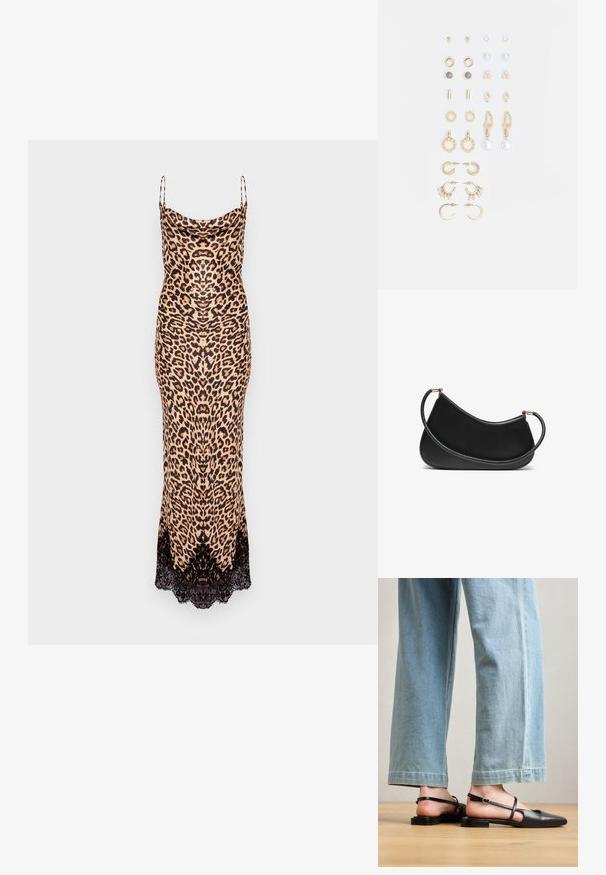Rochie cu imprimeu leopard în bej și negru, cu bretele subțiri și tiv din dantelă. Fabricată dintr-un material neted, cu o siluetă ajustată.; Pantofi slingback din piele neagră, cu vârf ascuțit, toc plat și curea la gleznă; purtați cu blugi cu picioare late, de culoare albastru deschis.; Geantă de umăr din piele neagră cu un design curbat, având o curea texturată și accesorii aurii la închiderea de sus. Finish neted.; Set de cercei aurii, cu diverse designuri, inclusiv cercei tip stud, cercei hoop și cercei lungi cu perle și strassuri.