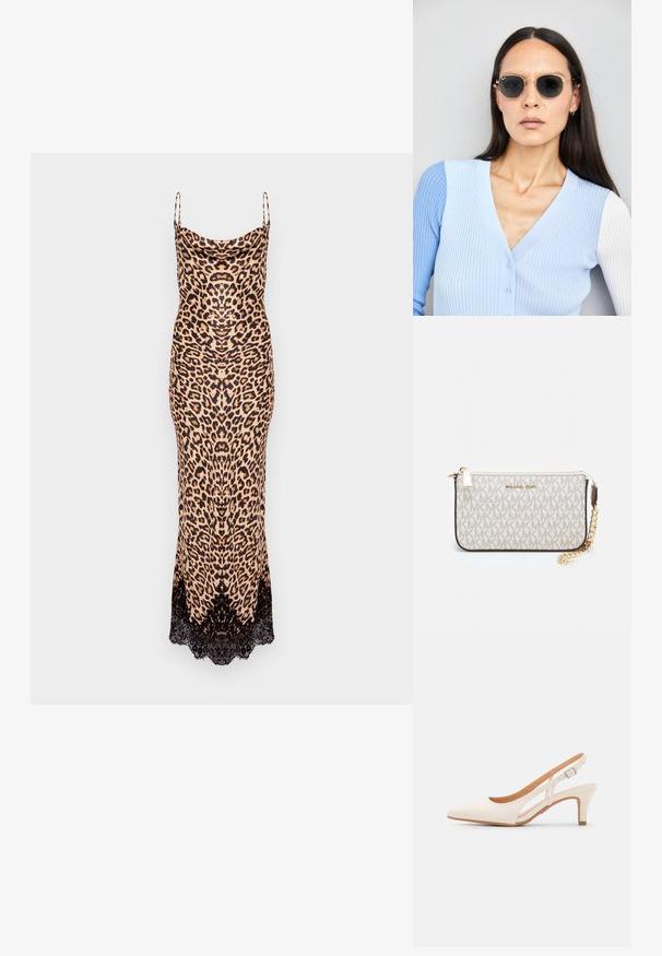 Leopard print dress in beige and black, featuring spaghetti straps and a lace hem. Made from a smooth material with a fitted silhouette.; White slingback heel with a pointed toe, smooth upper material, low block heel, and side cut-out design with adjustable buckle strap.; Round sunglasses with dark lenses and gold frames. The model wears a light blue, ribbed cardigan with buttons and contrast white sleeves.; Michael Kors wristlet in beige coated canvas featuring a repeating MK logo pattern, gold hardware, and a detachable chain strap.