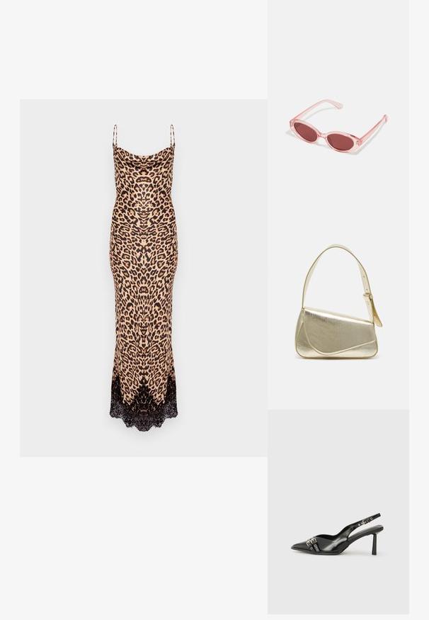 Sieviešu leopardu raksta kleita bēšā un melnā krāsā ar spageti plecu siksnām un mežģīņu apakšmalu. Izgatavota no gludas virsmas ar pieguļošu siluetu.; Melnā patentēta ādas sandale ar norādītu purngalu, potītes siksniņām ar sudraba sprādzēm un aparatūru, kā arī smalku papēdi.; Rozā caurspīdīgas saulesbrilles ar ovālām lēcām, tumši sarkanu toni un slaidiem kātiem, ar gludu apdari un smalkiem dekoratīviem elementiem uz rāmja.; Zelta metāla somiņa ar strukturētu dizainu, gludu tekstūru un regulējamu siksniņu. Iezīmējas ar unikālu trīsstūrveida formu un minimālistisku šuvumu.