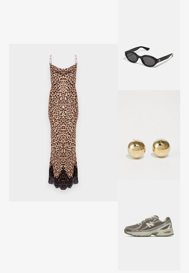 Φόρεμα με λεοπάρ μοτίβο σε μπεζ και μαύρο, που διαθέτει λεπτές τιράντες και δαντελένιο τελείωμα. Φτιαγμένο από απαλό υλικό με εφαρμοστή σιλουέτα.; Αθλητικό παπούτσι σε γκρι και μπεζ πλέγμα με υφή, με μαλακή σόλα, λευκές κορδόνες και ανακλαστικές ασημί λεπτομέρειες.; Μαύρα οβάλ γυαλιά ηλίου με σκούρους φακούς και γυαλιστερό πλαστικό σκελετό. Διαθέτουν χρυσό λογότυπο στο βραχίονα, προσφέροντας ένα κομψό και μοντέρνο σχέδιο.; Χρυσά σφαιρικά σκουλαρίκια με γυαλιστερή φινίρισμα και μικρό προσάρτημα. Διαθέτουν λεία υφή και ανακλαστική επιφάνεια.