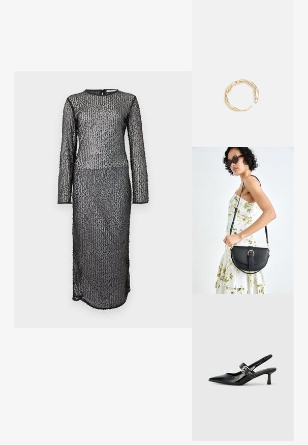 Crna, dugih rukava, haljina do poda s teksturiranim, prozirnim materijalom s pahuljicama u geometrijskom uzorku i zatvaranjem na patentni zatvarač na leđima.; Crne lakirane slingback potpetice s oštrim prstom i malom blok petom, s naglaskom na srebrnoj kopči na remenu.; Crna kožna torba s lukovitim oblikom, odvojivim remenom i zlatnim detaljima. Torba ima preklop s kopčom.; Prsten u zlatnoj nijansi s organskim, uvijenim dizajnom, glatkom teksturom i suženim krajevima, koji stvara moderan, skulpturalni izgled.
