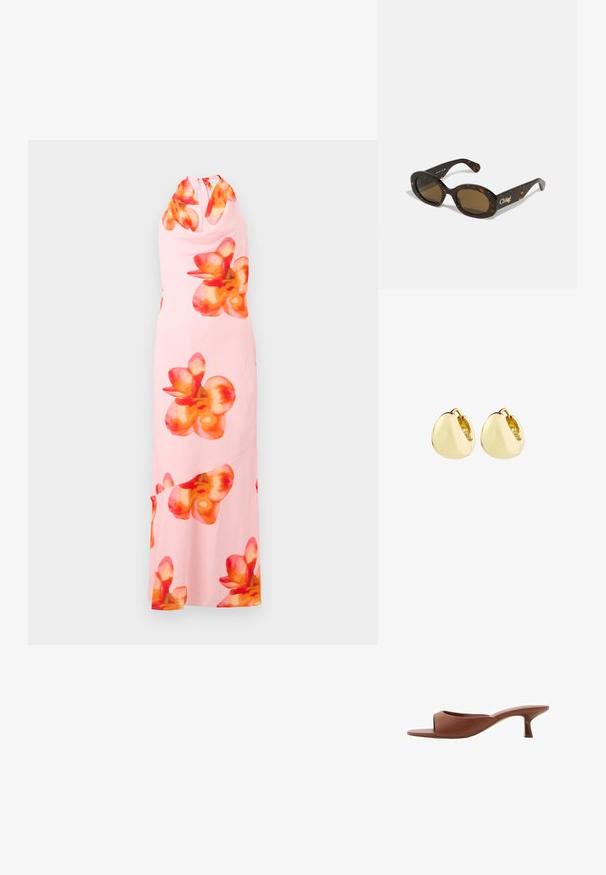 Ärmelloses Maxikleid aus weichem pinkfarbenem Stoff, mit großen, lebhaften orange- und roten Blumenmustern. Halterneck-Design mit einem Schlüsselloch-Ausschnitt auf der Rückseite.; Braune offene Absatzmules mit glatter, matter Oberfläche, die ein geschwungenes Design und einen transparenten, verjüngten Absatz aufweisen.; Schildpatt-Sonnenbrille mit ovalen Fassungen, braunen getönten Gläsern und "Chloé"-Markierung am Bügel. Glattes Kunststoffmaterial mit glänzender Oberfläche.; Goldene Creolen mit einem glatten, abgerundeten Design; polierte Oberfläche und offene Schließe, mit einer subtilen Naht zum Verschließen.