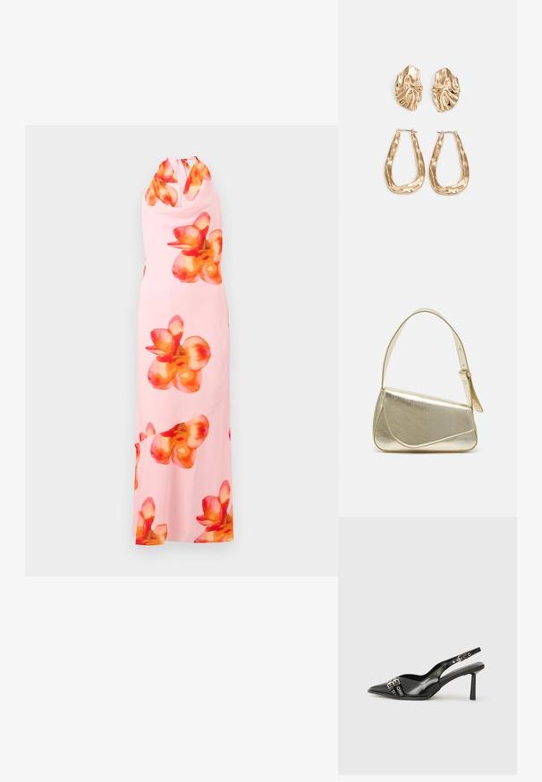 Abito maxi senza maniche in morbido tessuto rosa, caratterizzato da grandi e vivaci stampe floreali arancioni e rosse. Design con collo halter e schiena a chiave.; Scarpa slingback in vernice nera con punta affusolata, cinturini alla caviglia con fibbie in argento e accessori, e tacco sottile.; Borsa a mano metallica dorata con un design strutturato, superficie liscia e tracolla regolabile. Presenta una forma triangolare unica e cuciture minimaliste.; Orecchini in tono oro caratterizzati da forme ondulate eTexture. Comprendono chiusure clip-on scultoree e un design a cerchio aperto con finitura martellata.